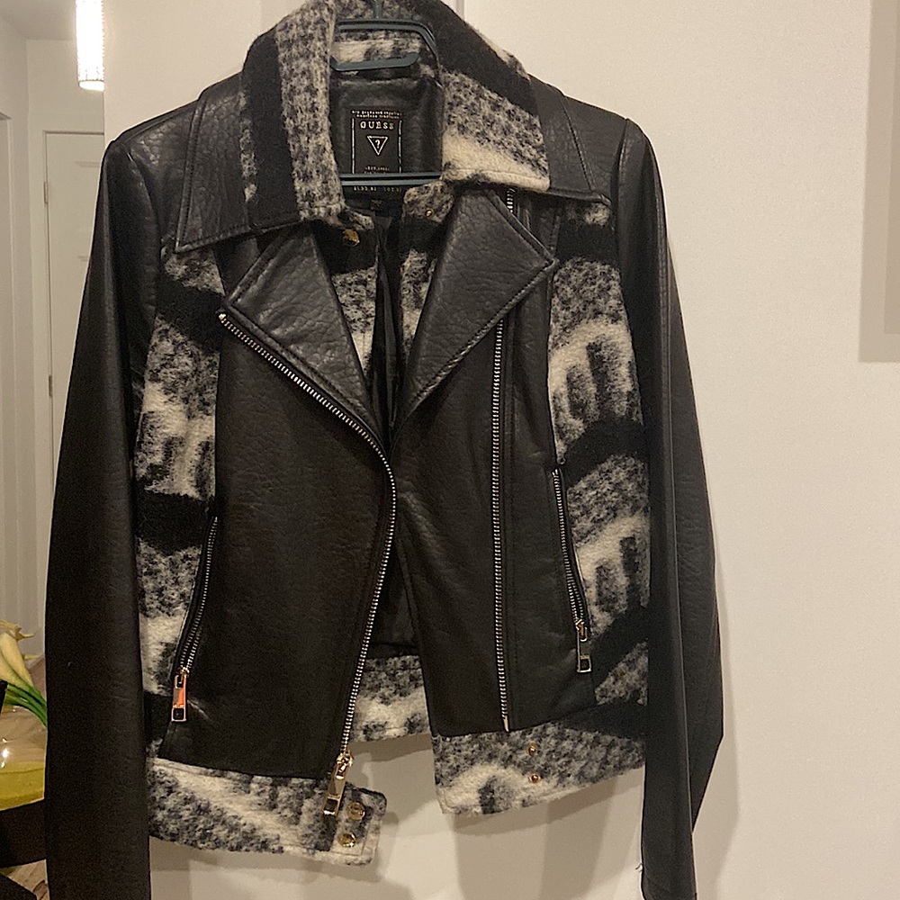 GUESS Moto Style faux leather Black &White wool trimmed Jacket
